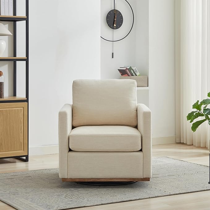 360° Swivel Accent Chair Square Modern Comfy Chair with Metal Base &amp Thicked Cushion Upholstered Lounge Reading Armchair Cloud Sofa Chairs for Living Room Bedroom Office Club(Chenille Beige