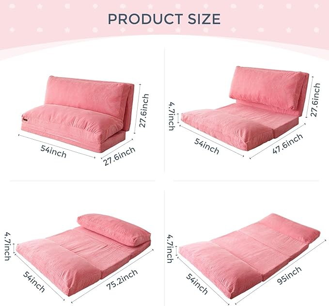 MAXYOYO Folding Sofa Bed Extra Thick and Long Floor Sofa Convertible Sleeper Chair with Washable Cover Floor Couch Lounge Bean Bag Bed for Living Room Pink 54x95 Inch