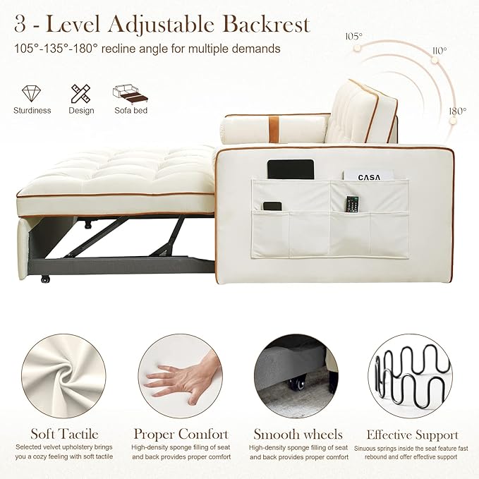 Pull Out Sofa Bed 55.5 Loveseat Sleeper Sofa Bed with Side Pocket Storage Adjustable Backrest and Waist Pillow Suitable for Small Space Living Room Bedroom Office(Beige)