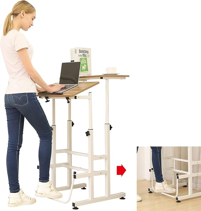 SDADI L101XWFDT Adjustable-Height Steel-Framed Mobile Standing Office Computer Desk with 2 Tiers and Lockable Caster Wheels Dark Grain