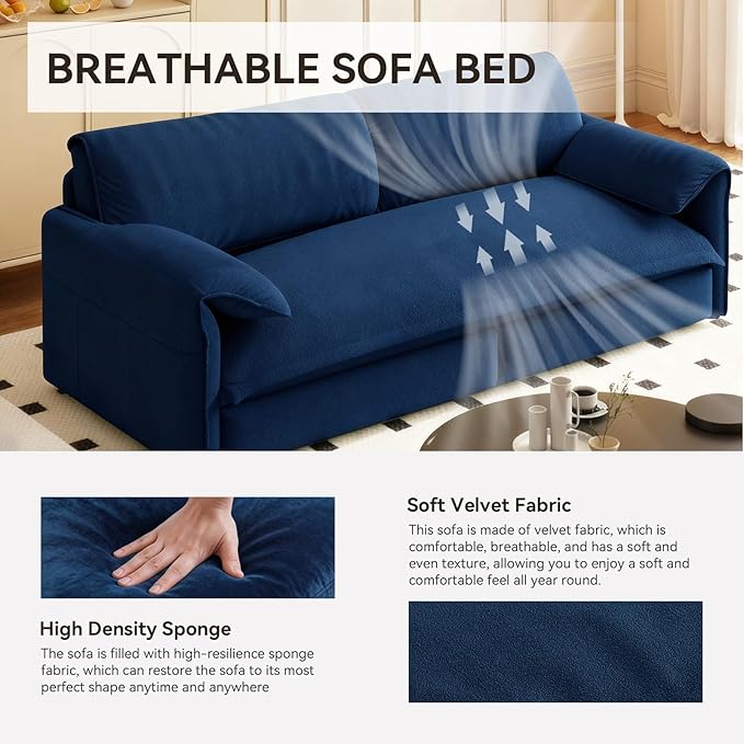 healthomse 66 Queen Size Sleeper Sofa Bed 3-in-1 Convertible Pull Out Sofa Bed with Side Storage Modern Velvet Loveseat for Living Room Bedroom Apartment Office Lounge (Dark Blue 66inch)