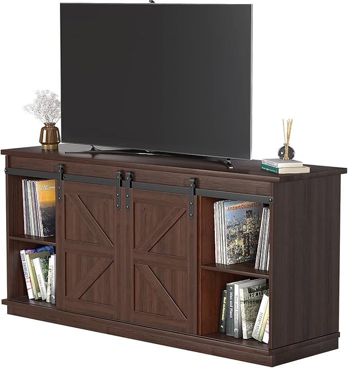 JUMMICO TV Stand for 65 Inch TV Entertainment Center with Storage Cabinets and Sliding Barn Doors Mid Century Modern Media TV Console Table for Living Room Bedroom (Brown)