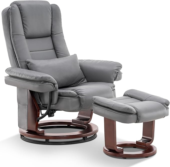 MCombo Swivel Recliner with Ottoman Chair TV Chair Sets with Vibration Massage for Small Space Living Room Bedroom 9096 9099 (Faux Leather Grey)