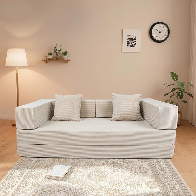 5‑in‑1 Futon Sofa Bed Queen – Floor Foldable Convertible Sofa Couch with L‑Shaped Armrests Removable Cover White Convertible Guest Bed | Space‑Saving Fold‑Out Mattress Lounge for Living Room/Bedroom