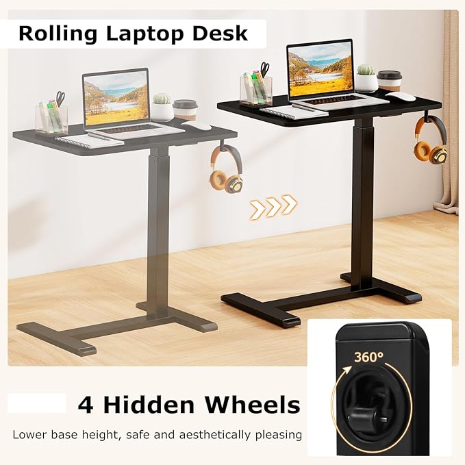Tangkula Mobile Standing Desk Pneumatic Height Adjustable Rolling Desk with Cup Holder &amp Headphone Hook Overbed Table with Hidden Wheels Laptop Computer Cart for Couch Home Office (Black)
