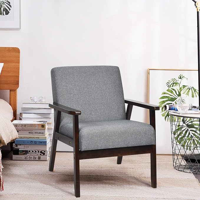 SIMOE Retro Fabric Accent Chair Mid-Century Modern Design Solid Hardwood Made Upholstered Linen Lounge Arm Chair for Living Room 1 Dark Grey