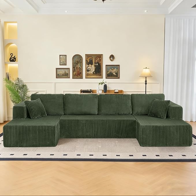 Cloud Couch U-Shaped Sectional Sofa 132.5'' Modular Boneless Couches for Living Room Corduroy Deep Seat Sofa with 2 Chaise Lounges and 1 Loveseat No Assembly Required (Green U Shape)