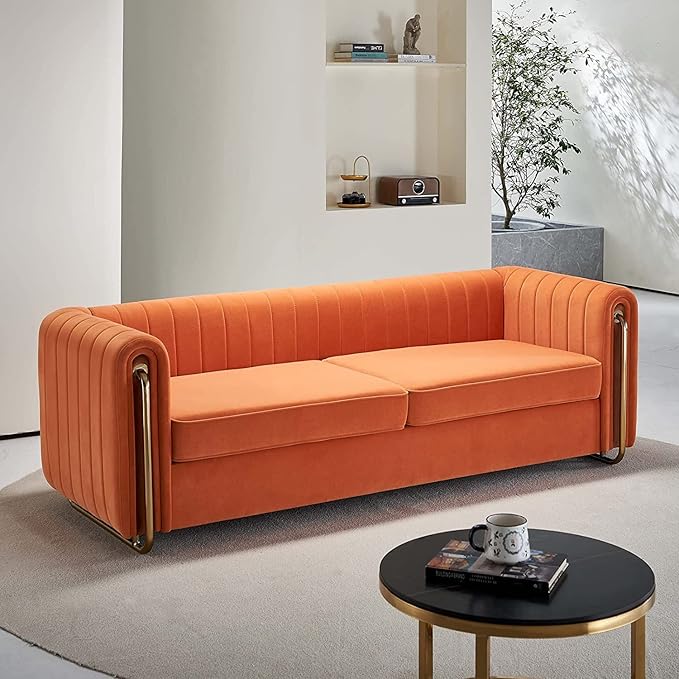 KEVINSPACE 84.25 Modern Sofa Couch Velvet Loveseat Sectional Sofa Couch with Gold Legs for 3-4 Persons Upholstered Deep Seat Love Seat Mid-Century Sofa for Living Room Office Apartment Orange