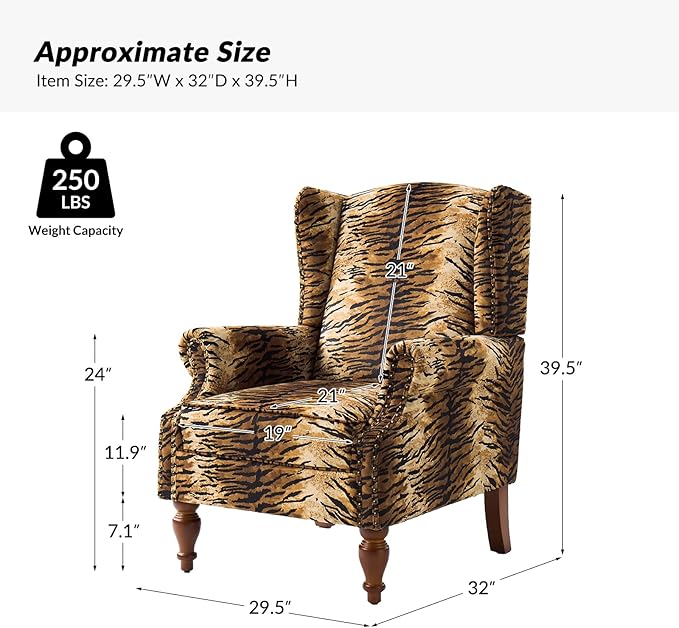 HULALA HOME Wingback Accent Chair with Animal Print Pattern Traditional Fabric Armchair with Nailhead Trim and Retro Wooden Legs Tiger