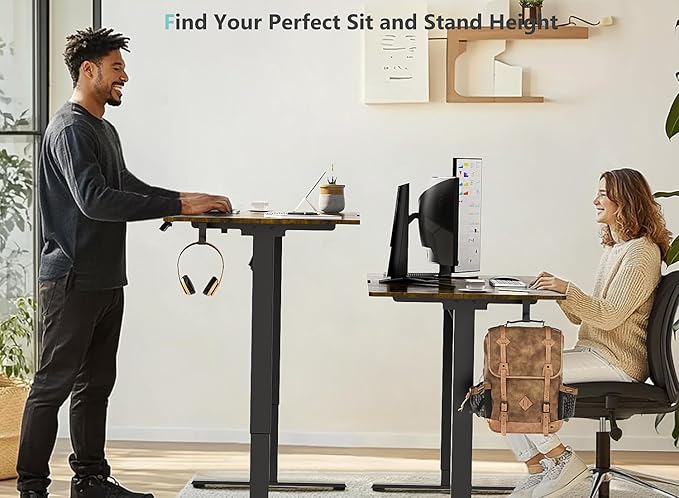 63 x 28 inch Electric Standing Desk Adjustable Height with 4 Wheels 4 Memory Height Settings 2 Headphone Hook for Home Office Splice Board Brown