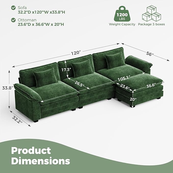 CDCASA 120 Modular Sectional Sofa Comfy L-Shaped Cloud Couch with Movable Ottoman Oversized 4-Seater Chenille Deep Seat Sofa Couch for Living Room DIY Combination Green
