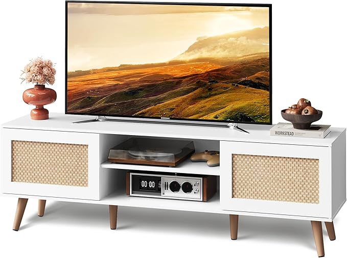 WLIVE TV Stand for 65 Inch TV 58 Boho Entertainment Center TV Stand for Living Room TV Console with 2 Storage Cabinets White