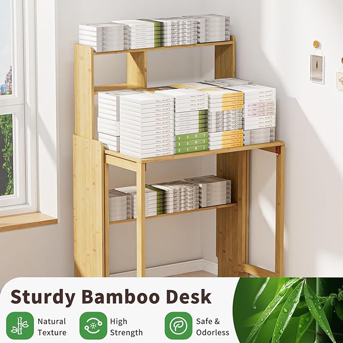 Bamboo Folding Desk for Small Spaces with Storage Mid Century Foldable Desk with Bookshelf Small Desks with Storage for Home Office Bedroom Natural