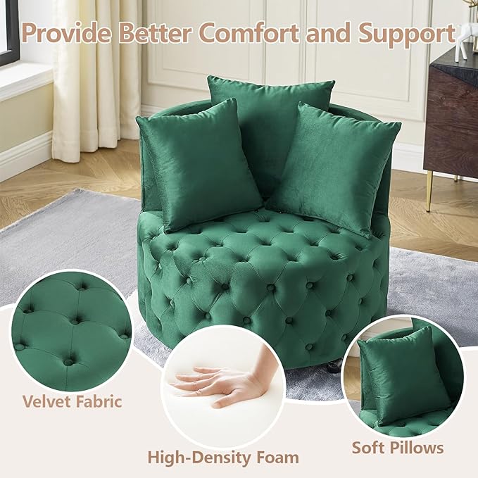 LLS Swivel Barrel Chair Velvet Accent Barrel Chair with 3 Pillows and 4 Wheels 360 Degree Sofa Chair Modern Button Tufted Upholstered Accent Chair for Living Room Bedroom Green