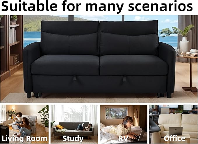 THSUPER 75‘’ Queen Size Sofa Bed Loveseat Sleeper Sofa with Pull Out Bed Convertible Small Sleeper Couch Bed for Living Room/RV/Apartment (Black) | 3 in 1 sofa bed adjustable backrest