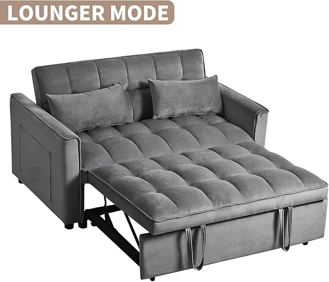 Dark Gray Velvet Pull Out loveseat Sleeper Sofa Bed Convertible Twin Sleeper Chair 3 in 1 Adjustable Backrest with Pillows Pockets Armrests Hidden Stroge for Living Room