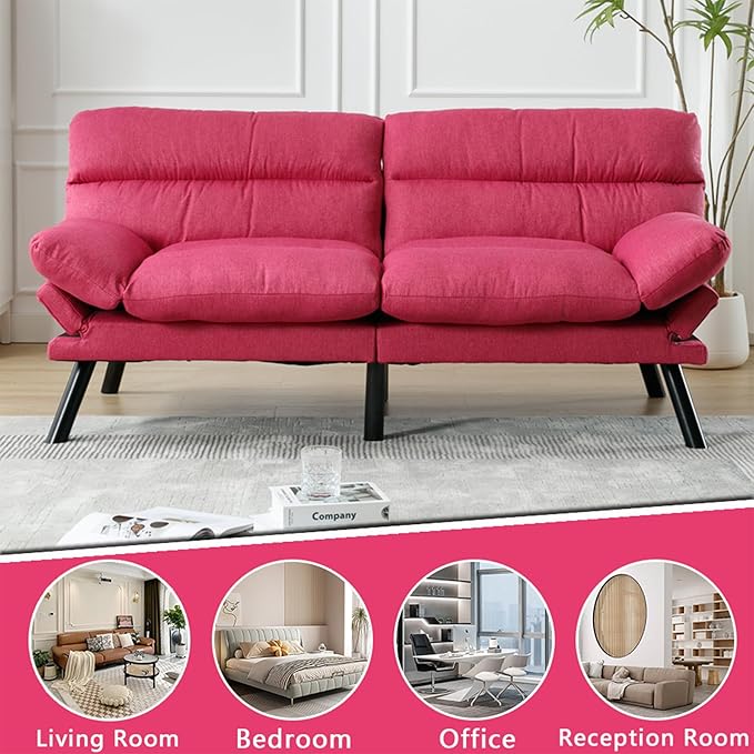 Anwick Modern Futon Couch Bed Sofa: Linen Fabric Quick Folding Armrest Space-Saving Convertible 2 Seater Loveseat for Living Room Bedroom Small Rooms Apartment (Pink) (Hot Pink)
