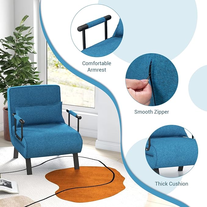MAT EXPERT Convertible Sleeper Chair with Pillow 4-in-1 Modern Folding Chair Bed with 6-Level Adjustable Backrest Single Comfy Couch Bed for Living Room Office Balcony Apartment (Blue)