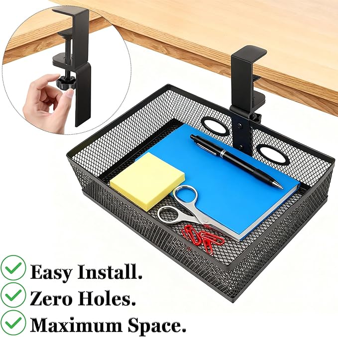 Under Desk Organizer 360° Swivelunder Desk Drawer Clamp-On No Drill InstallationSturdy Mesh Storage Drawer for OfficeDrawing Room and Kitchen RoomArt Supplies and More(Without Cup Holder)