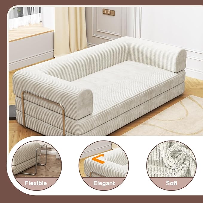 Convertible Corduroy Sleeper Sofa BedFolding Mattress Couch with Fixed-Shape Frame 3 Seater Fold Out King Size FutonNo Assembly Floor Couch for Living Room Dorm Studio 78.7*39.4*29.6 Inch Beige