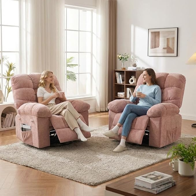 GarveeHome Rocker Recliner Chair with Vibration Massage and Heat 360° Swivel Recliner Sofa with Side Pocket Single Reclining Chair for Living Room and Bedroom Pink