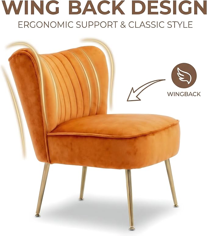 DUOMAY Modern Accent Chair Set of 2 Velvet Slipper Chair with Gold Legs Wingback Side Chair for Living Room Bedroom Entryway Small Corner Chair for Space Saving Orange