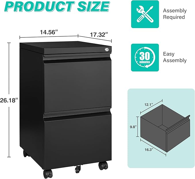 SISESOL 2 Drawer File Cabinet on WheelsMetal Filing Cabinet with LockBlack Rolling File Cabinets with CastersUnder Desk Office Cabinets for Home OfficeFit A4/Letter/LegalEasy Assembly