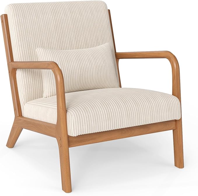 Giantex Modern Accent Chair Corduroy Upholstered Lounge Chair with Rubber Wood Armrests Lumbar Pillow Sponge Padded Seat Cushion Comfy Reading Chair for Living Room Bedroom (1Beige + Brown)