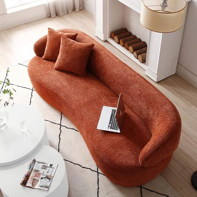 Curved Sofa Couch 86.6 3-Seater Modern Boucle Sectional Couch Comfy Cloud Upholstered 3 Seat Leisure Cushion Sofa with Pillows for Living Room Bedroom Office ApartmentOrange
