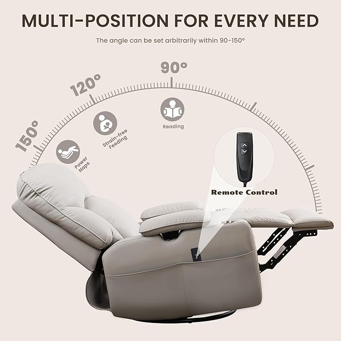 SUNWAVE Power Nursery Rocking Chair with Adjustable Armrests Nursing Chair with USB Cup Holders &amp Blanket Swivel Rocker Recliner with Corduroy and PU Leather Mixed Fabric (Gray)