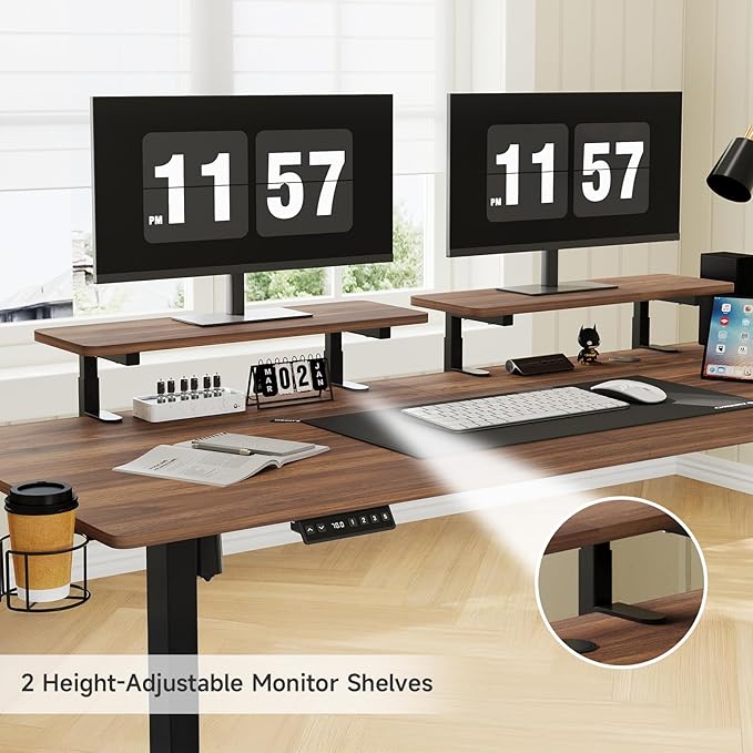 63 x 24 Inches Electric Standing Desk with 2 Monitor Shelves Adjustable Computer Desk from 28-46'' Sit to Stand UpHome Office Desk with Memory Controlller for Workstations Walnut