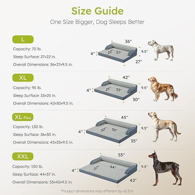 XXL Orthopedic Dog Bed Big Dog Bed for Large Dogs Dual-Sided Pet Cooling Beds with Memory Foam Washable Cover Nonslip Bottom Waterproof Pet Couch with Bolsters Dark Grey
