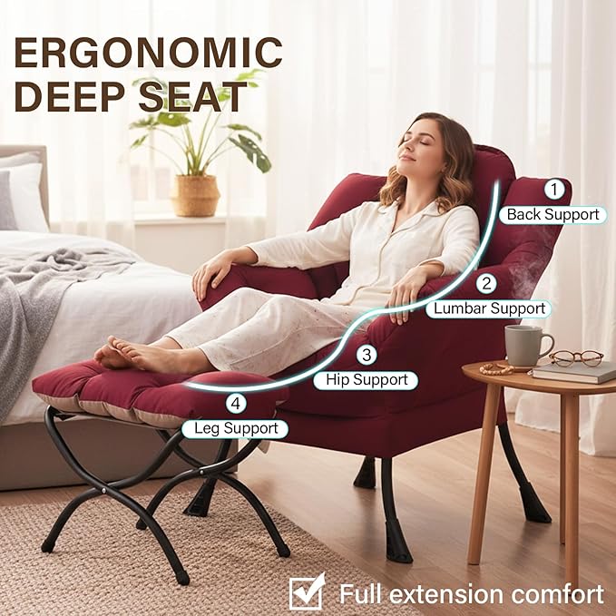 Welnow Lazy Chair with Ottoman Modern Accent Chair with Armrests and a Side Pocket Leisure Sofa Armchair Reading Armchair with Footrest for Small Space Burgundy