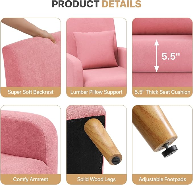 Magshion Mid-Century Accent Chair for Living Room Comfy Reading Chair for Bedroom Upholstered Linen Fabric Armchair Single Sofa with Back Pillow &amp Wood Legs 300 lbs Capacity Pink