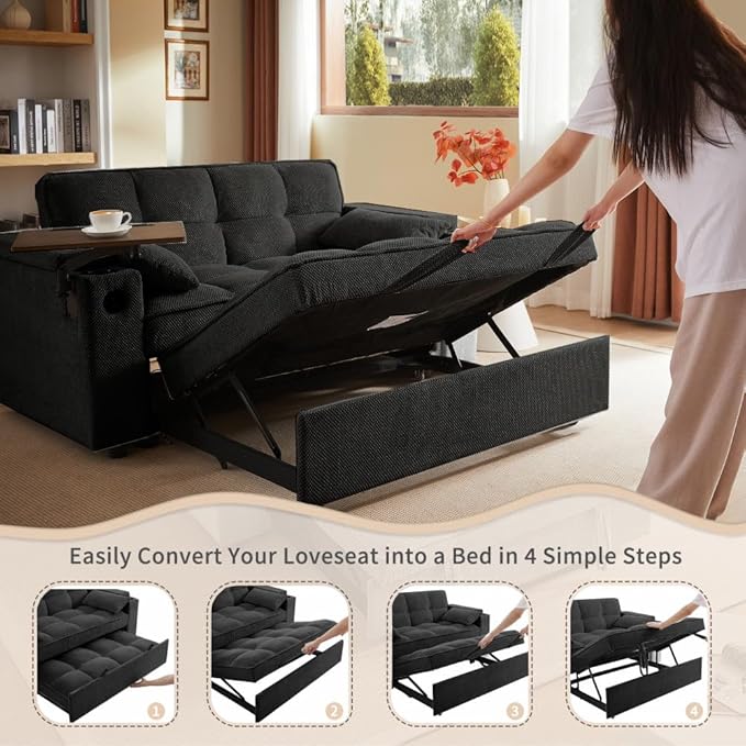 65'' Convertible Sleeper Sofa Bed with Adjustable Backrest Chaise Lounge Side Table &amp USB/Type-C Ports – Stylish &amp Functional Addition to Any Living Room (Black Sofa-1)