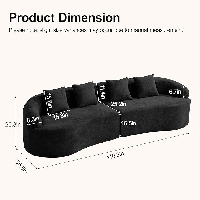 110.2 Curved Boneless Couch Oversized Cloud Sofa with 4 Pillows Modern 4 Seater Modular Sectional Sofa Boneless Sectional Couches for Living Room Curved Foam Couch Black