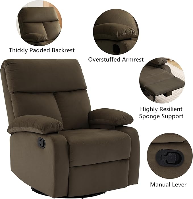 Swivel Rocker Recliner Rocking Small Reclines for Small Spaces Velvet Single Recliner Chair Sofa for Living Room Nursery Bedroom Coffee Brown