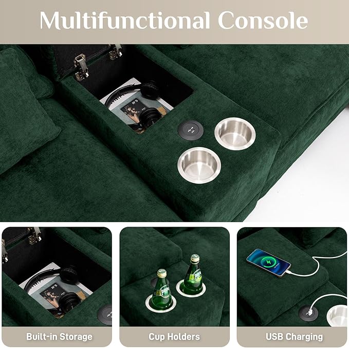 OUYESSIR U-Shaped Sectional Sofa Couch 4 Seat Sofa Set for Living Room Convertible U-Shaped Chenille Couch Set with USB Port Central Console Ottoman128 inches (Green)