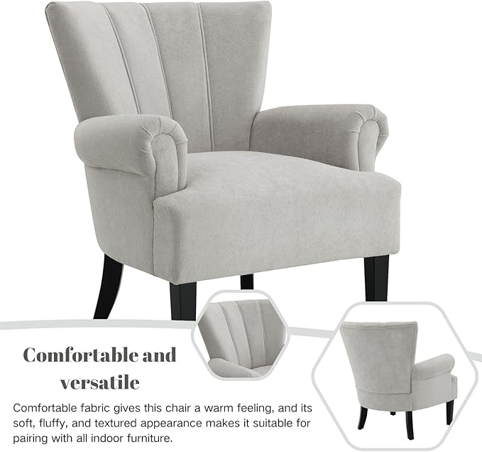 Modern Accent Living Room ChairsPolyester Armchair Club Chair with Channel Back Accent Chair for Living Room Bedroom Reading Room Soft Fabric Wooden Leg (Light Grey)
