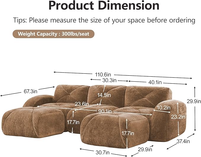 110 Sectional Modular Cloud Couch Boneless Couches with Deep Seat Convertible 3-Seater Sofa Set with 2 Ottomans for Living Room Bedroom Office Camel