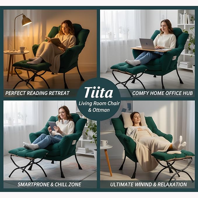Tiita Lazy Chair with Ottoman Green Modern Large Accent Chair Comfy Leisure Sofa Armchair with Ottoman Reading Chair with Footrest for Bedroom Living Room Dorm Rooms Green