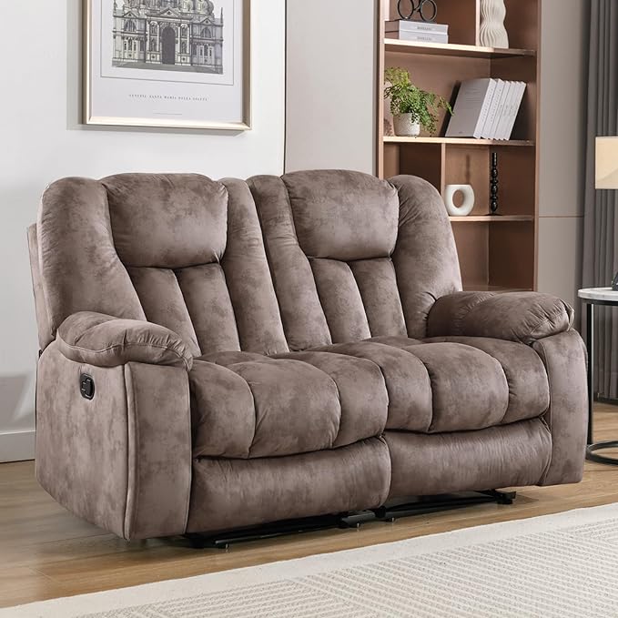 CANMOV Manual Recliner Loveseat 2 Seat Recliner Sofa Chair with Overstuffed Armrest and BackrestSoft Fabric Reclining Couch Living Room Set with Hidden Cup Holders for Adults Elderly Apricot