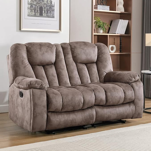 CANMOV Manual Recliner Loveseat 2 Seat Recliner Sofa Chair with Overstuffed Armrest and BackrestSoft Fabric Reclining Couch Living Room Set with Hidden Cup Holders for Adults Elderly Apricot