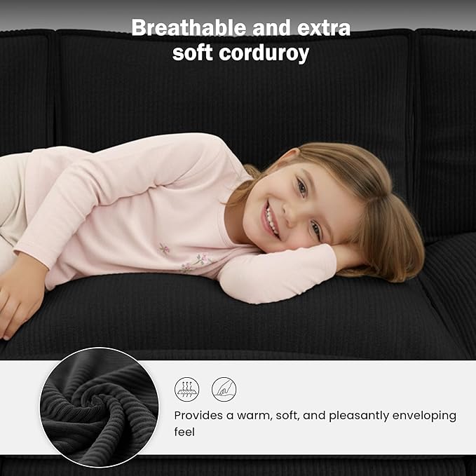 Apicizon 108 Cloud Couch Sectional L Shaped Cloud Sofa with Side Storage Pocket Modern Corduroy Sofa Set for Living Room Office Black