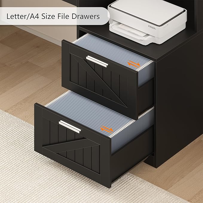 TVU Farmhouse L Shaped Desk with Drawers 62.2 Home Office Desk with Storage Shelves and Power Outlet L Shaped Computer Desk with Monitor Stand and Printer Shelf Black