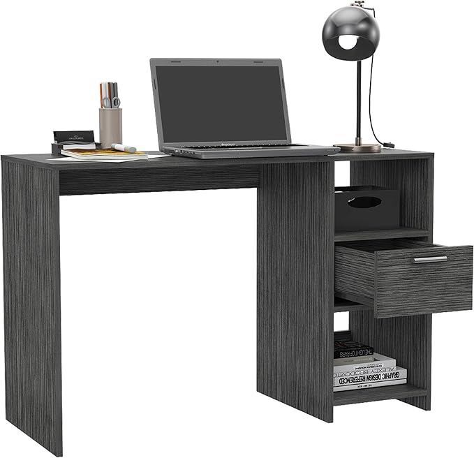 Penau Computer Desk with Drawer and Two Shelves Compact Design for Home Office Spacious Work Surface 43.3W x 17.0D Inches Grey Finish Open Storage Compartments