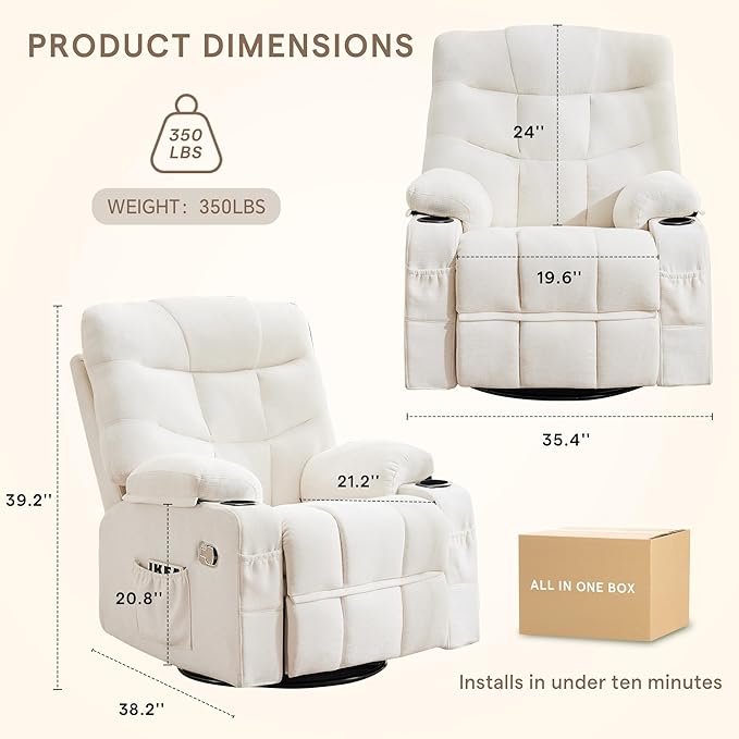 360°Swivel Rocker Recliner ChairRocking Recliner Chair with Adjustable Backrest for AdultsUpholstered Fabric Rocking Chair Swivel for BedroomLiving RoomWhite