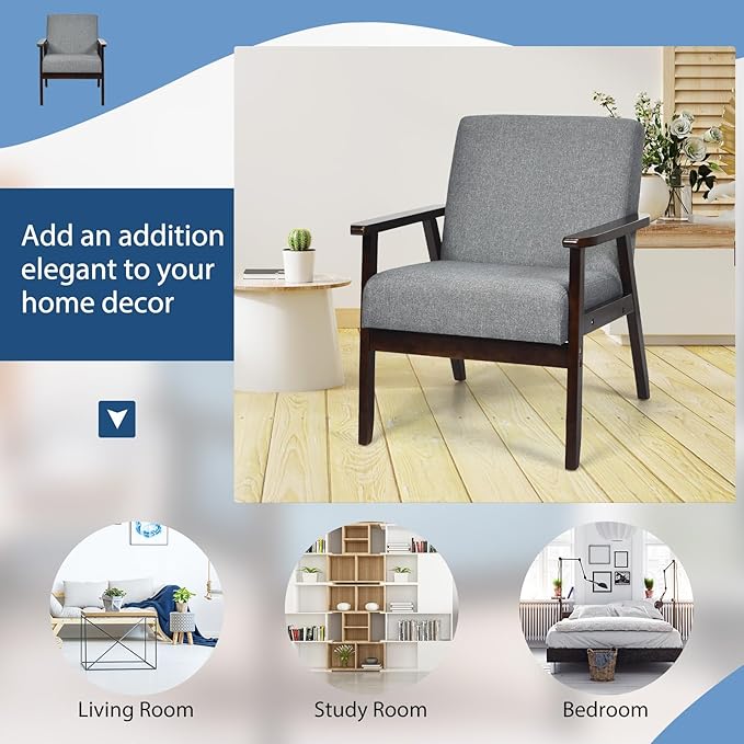 POWERSTONE Mid Century Accent Chair Modern Living Room Armchair Linen Upholstered Reading Lounge Chair Leisure Side Chair with Wood Leg for Bedroom Dark Grey