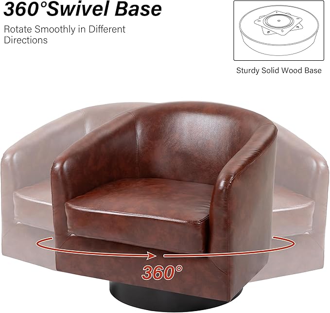 Swivel Barrel Chair Modern Round PU Leather Accent Armchair for Living Room Bedroom Oversized Comfy Club Reading Chairs for Adults (Leather Red Brown Set of 1)