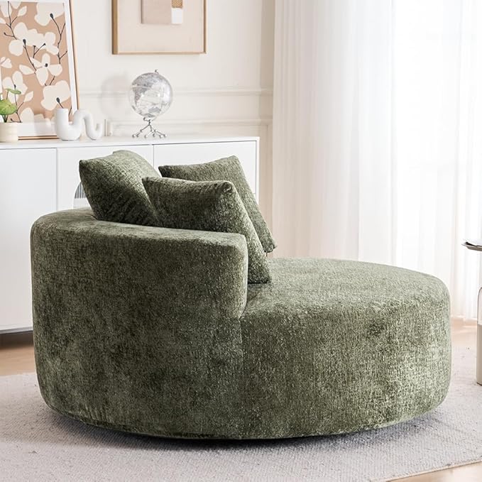 Green 55 Oversized Swivel Accent Chair Round Barrel Chair with 360° Rotation Chenille Upholstered Deep Seat Lounge Sofa Modern Comfy Single Sofa for Living Room Bedroom Office (Green)
